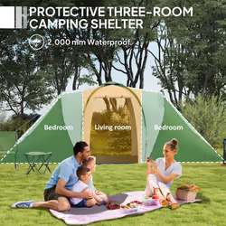Outsunny 4-6 Man Camping Tent with 2 Bedroom and Living Area, Green, White