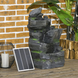 Outsunny Garden Fountain, Outdoor Water Feature With LED Light, Dark Grey