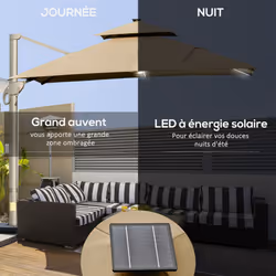 Outsunny 3 x 3(m) Cantilever Umbrella Power Bank Solar Cold Light Khaki