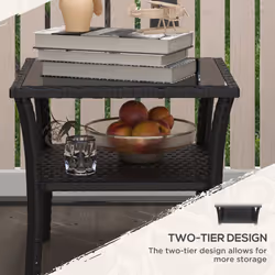 Outsunny PE Rattan Coffee Table, Two-tier Side Table with Glass Top, Black