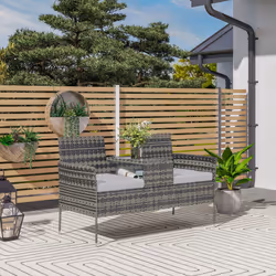 Outsunny Rattan Garden Bench w/ Glass Tea Table, Cushions, Charcoal Grey