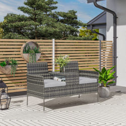 Outsunny Rattan Garden Bench w/ Glass Tea Table, Cushions, Charcoal Grey