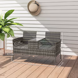 Outsunny Rattan Garden Bench w/ Glass Tea Table, Cushions, Charcoal Grey