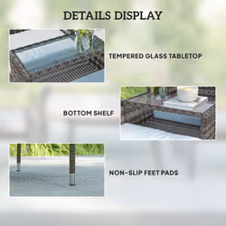 Outsunny Rattan Garden Bench w/ Glass Tea Table, Cushions, Charcoal Grey