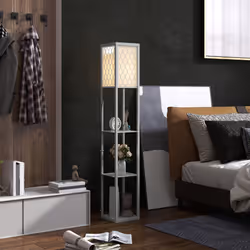 HOMCOM Modern Floor Lamp Light with Shelves Fabric Lampshade Light Grey