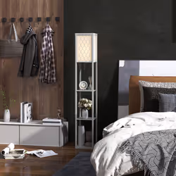 HOMCOM Modern Floor Lamp Light with Shelves Fabric Lampshade Light Grey - Additional view 7