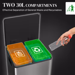 HOMCOM 2 x 30L Double Kitchen Bin, Pedal Bin with Soft-Close Lid, Silver