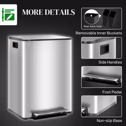 HOMCOM 2 x 30L Double Kitchen Bin, Pedal Bin with Soft-Close Lid, Silver - Additional view 6