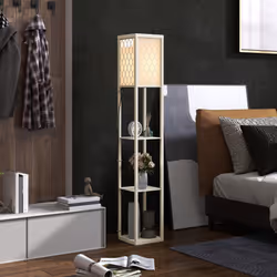 HOMCOM Modern Floor Lamp Light with 3 Shelves Fabric Lampshade Oak