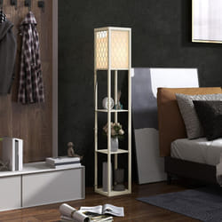 HOMCOM Modern Floor Lamp Light with 3 Shelves Fabric Lampshade Oak