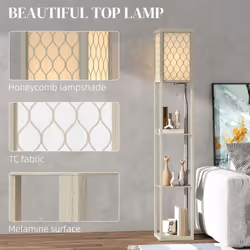 HOMCOM Modern Floor Lamp Light with 3 Shelves Fabric Lampshade Oak