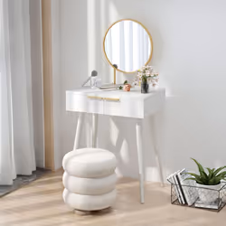 HOMCOM Modern Dressing Table w/ 2 Drawers Round Mirror for Bedroom White - Additional view 6