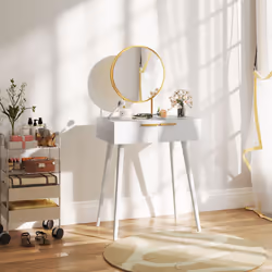 HOMCOM Modern Dressing Table w/ 2 Drawers Round Mirror for Bedroom White - Additional view 7