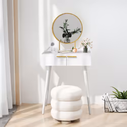 HOMCOM Modern Dressing Table w/ 2 Drawers Round Mirror for Bedroom White - Additional view 8