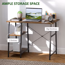 HOMCOM Computer Table Wor Desk with Shelves & Steel Frame, Rustic Brown