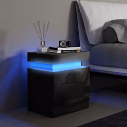 HOMCOM High Gloss Bedside Table with LED Light and 2 Drawers, Black