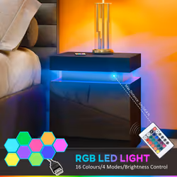 HOMCOM High Gloss Bedside Table with LED Light and 2 Drawers, Black