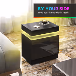 HOMCOM High Gloss Bedside Table with LED Light and 2 Drawers, Black - Additional view 4