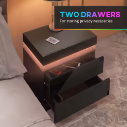HOMCOM High Gloss Bedside Table with LED Light and 2 Drawers, Black - Additional view 5