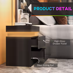 HOMCOM High Gloss Bedside Table with LED Light and 2 Drawers, Black - Additional view 6