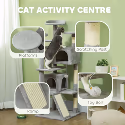 PawHut 138cm Cat Tree with Scratching Posts and Pad, Bed, Condos, Light Grey - Additional view 3