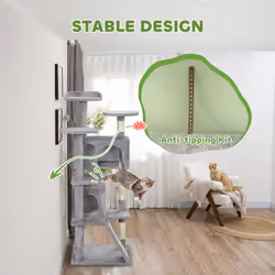 PawHut 138cm Cat Tree with Scratching Posts and Pad, Bed, Condos, Light Grey - Additional view 6