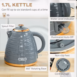 HOMCOM Kettle and Toaster Set 1.7L Rapid Boil Kettle & 2 Slice Toaster - Grey