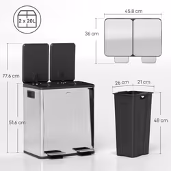 HOMCOM 2 x 20L Dual Kitchen Bin Pedal Bin for Recycling and Waste - Silver