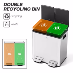 HOMCOM 2 x 20L Dual Kitchen Bin Pedal Bin for Recycling and Waste - Silver