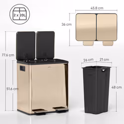 HOMCOM 2 x 20L Dual Kitchen Bin Pedal Bin for Recycling and Waste - Gold