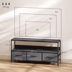 HOMCOM TV Cabinet, TV Console Unit with 3 Foldable Linen Drawers Black
