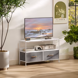 HOMCOM TV Cabinet, TV Console Unit with 2 Foldable Linen Drawers White