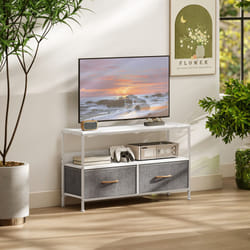 HOMCOM TV Cabinet, TV Console Unit with 2 Foldable Linen Drawers White