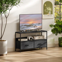 HOMCOM TV Cabinet, TV Console Unit with 2 Foldable Linen Drawers Black