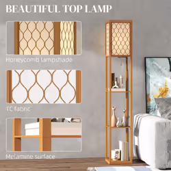 HOMCOM Modern Floor Lamp Light with 3 Shelves Fabric Lampshade Natural