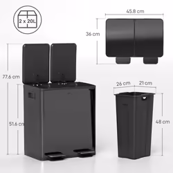 HOMCOM 2 x 20L Dual Kitchen Bin Pedal Bin for Recycling and Waste, Black
