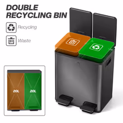 HOMCOM 2 x 20L Dual Kitchen Bin Pedal Bin for Recycling and Waste, Black