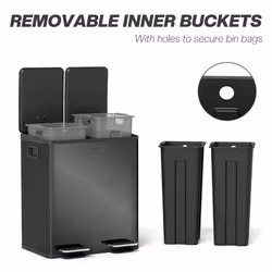 HOMCOM 2 x 20L Dual Kitchen Bin Pedal Bin for Recycling and Waste, Black - Additional view 6