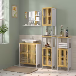 HOMCOM Under Sink Bathroom Cabinet, Bamboo Sink Storage Cabinet Slat Doors