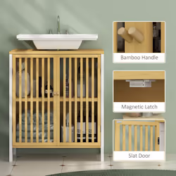 HOMCOM Under Sink Bathroom Cabinet, Bamboo Sink Storage Cabinet Slat Doors - Additional view 4