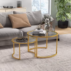 HOMCOM Modern Coffee Table Set of 2, Nesting Tables with Glass Top, Gold