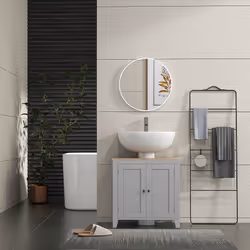 kleankin Bathroom Pedestal Under Sink Cabinet with Adjustable Shelf, Grey - Additional view 4