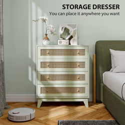 HOMCOM Chest of Drawers, 4 Drawer Unit Storage Organiser with Rattan Element