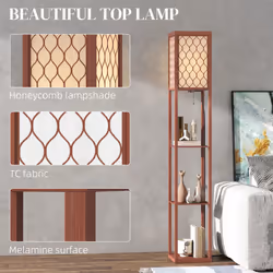 HOMCOM Modern Floor Lamp Light with 3 Shelves Fabric Lampshade Brown