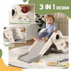 AIYAPLAY 3-in-1 Kids Slide with Basketball Hoop, Climber, Cream White