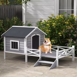 PawHut Wooden Dog House w/ Porch, Water-resistant Roof, for S M Dogs, Grey