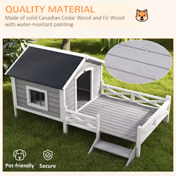 PawHut Wooden Dog House w/ Porch, Water-resistant Roof, for S M Dogs, Grey