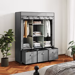 HOMCOM Portable Wardrobe w/ 5 Shelves 3 Fabric Drawers and 2 Hanging Rails Grey