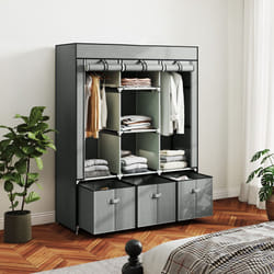 HOMCOM Portable Wardrobe w/ 5 Shelves 3 Fabric Drawers and 2 Hanging Rails Grey