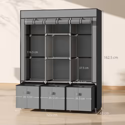 HOMCOM Portable Wardrobe w/ 5 Shelves 3 Fabric Drawers and 2 Hanging Rails Grey